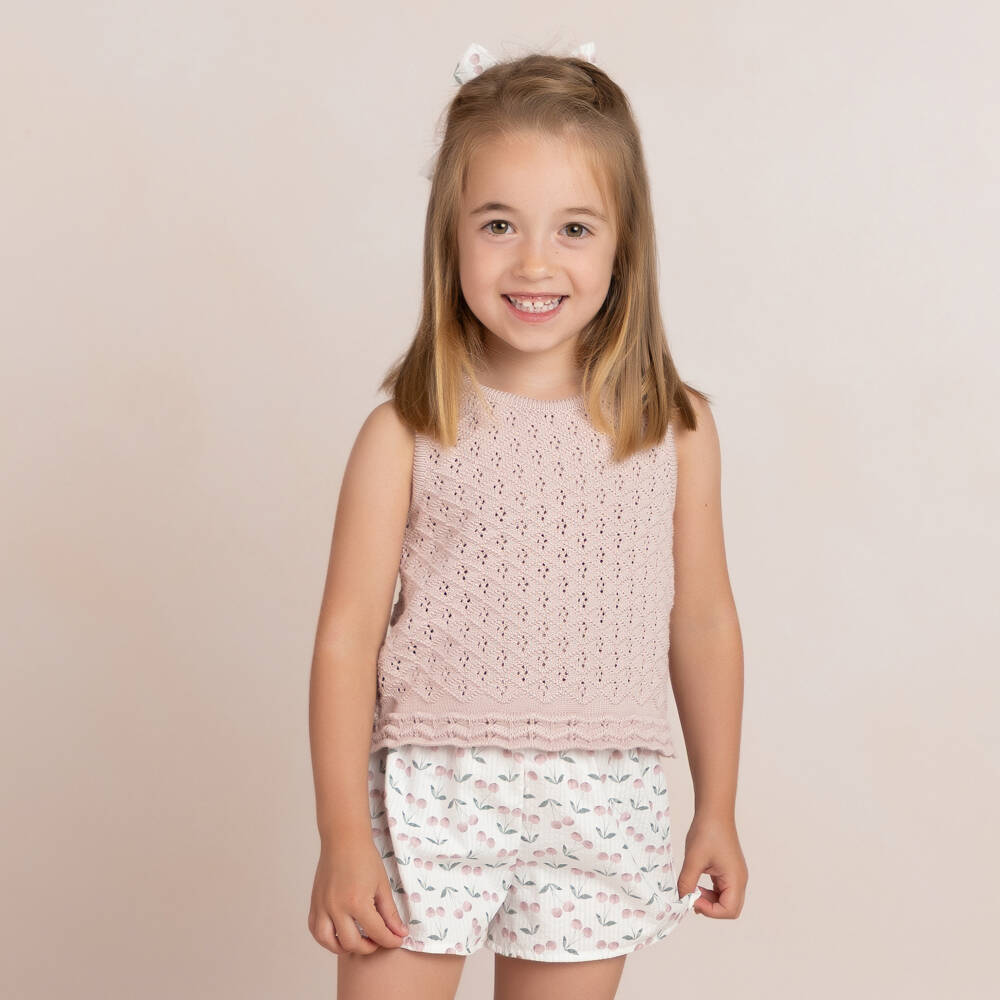 Mebi-Girls Pink Cotton & Knitted Shorts Set with Cherry Print | Childrensalon