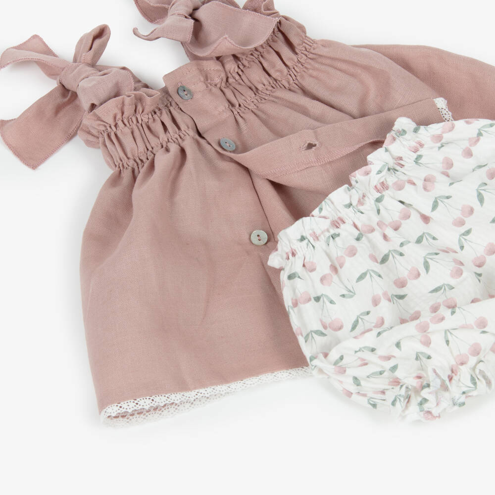 Mebi-Girls Pink Cotton & Linen Shorts Set with Cherry Print | Childrensalon