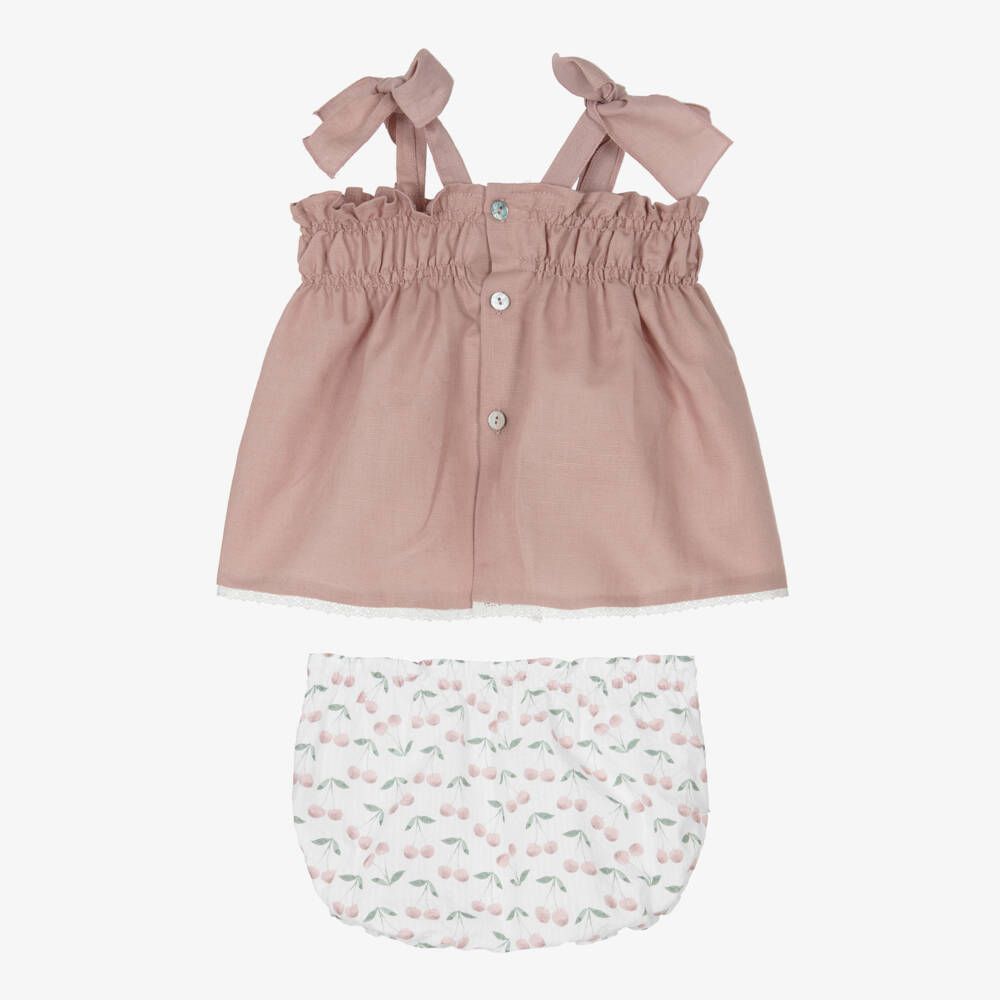 Mebi-Girls Pink Cotton & Linen Shorts Set with Cherry Print | Childrensalon