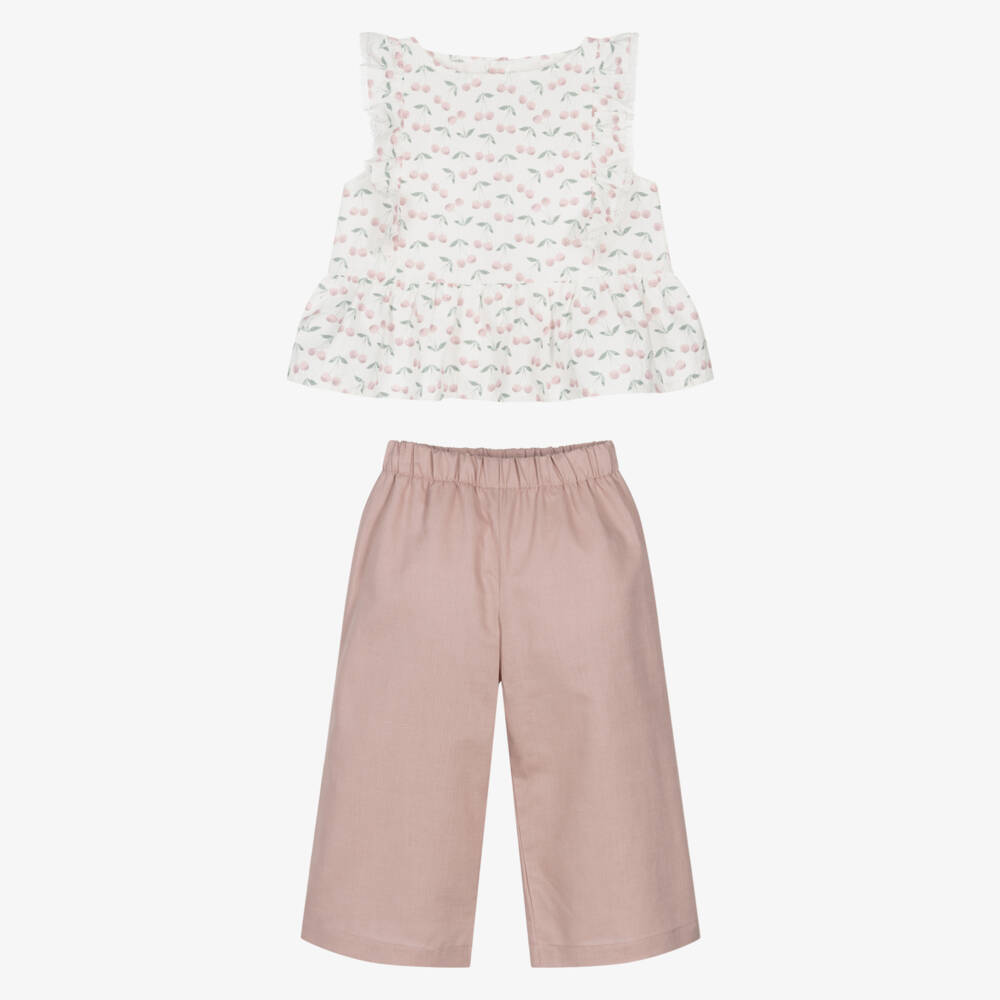 Mebi-Girls Pink Cotton & Linen Trouser Set with Cherry Print | Childrensalon