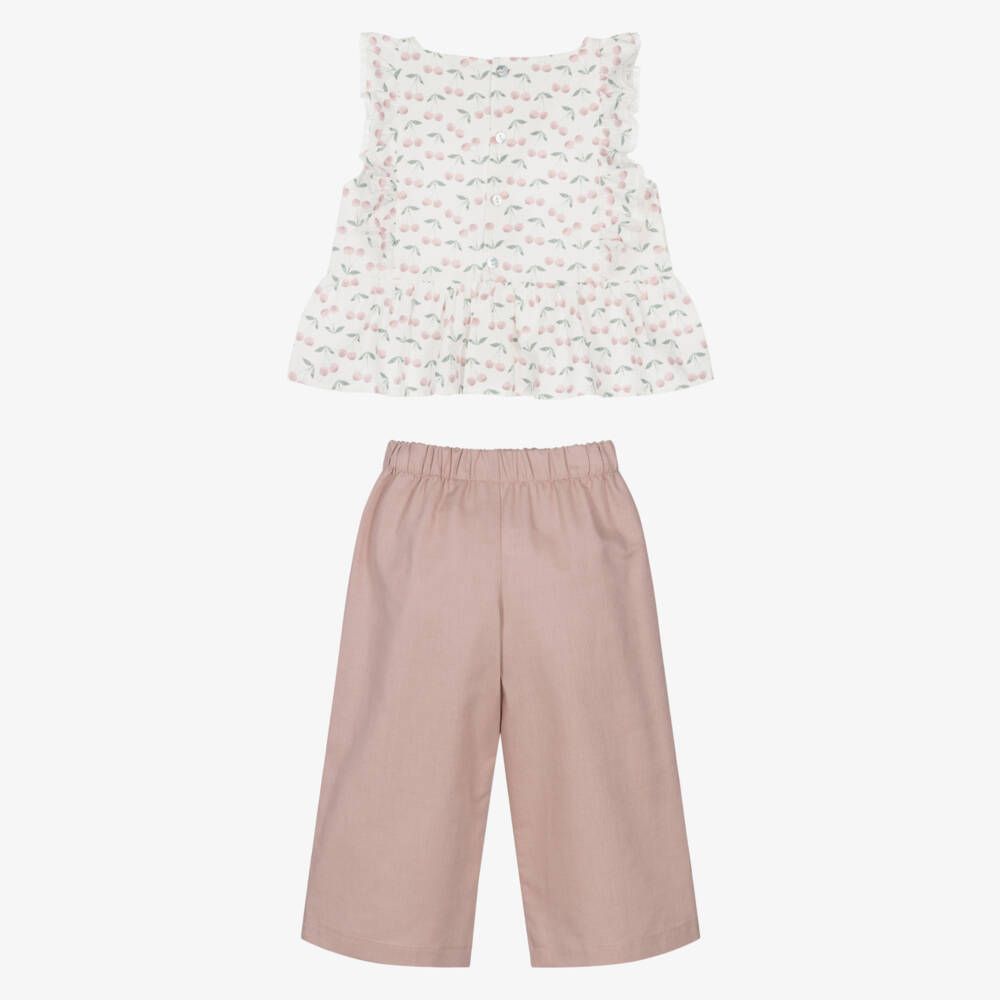 Mebi-Girls Pink Cotton & Linen Trouser Set with Cherry Print | Childrensalon