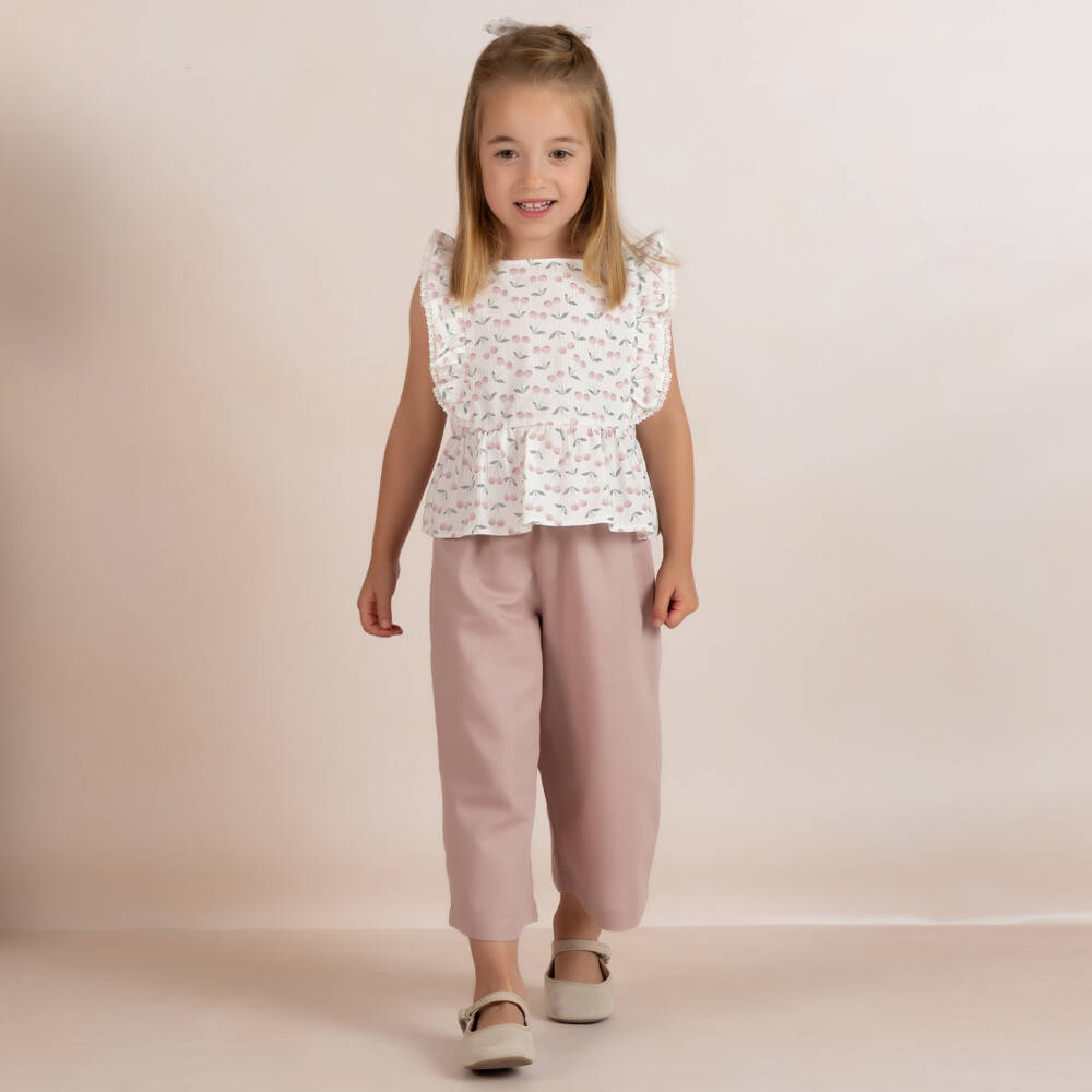 Mebi-Girls Pink Cotton & Linen Trouser Set with Cherry Print | Childrensalon