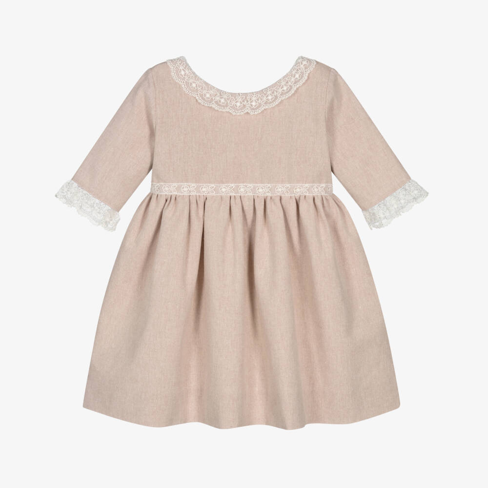 Mebi-Girls Pink Dress with Ivory Embroidered Lace Trim | Childrensalon