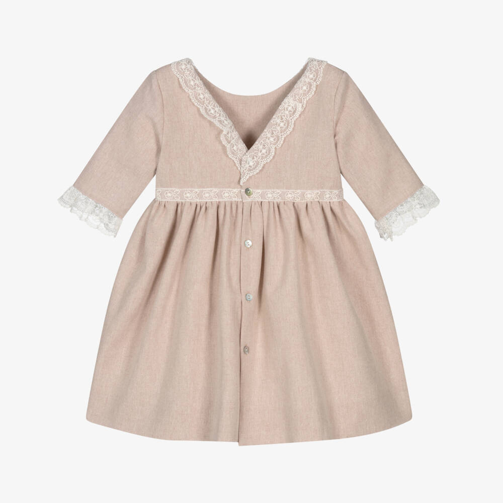 Mebi-Girls Pink Dress with Ivory Embroidered Lace Trim | Childrensalon