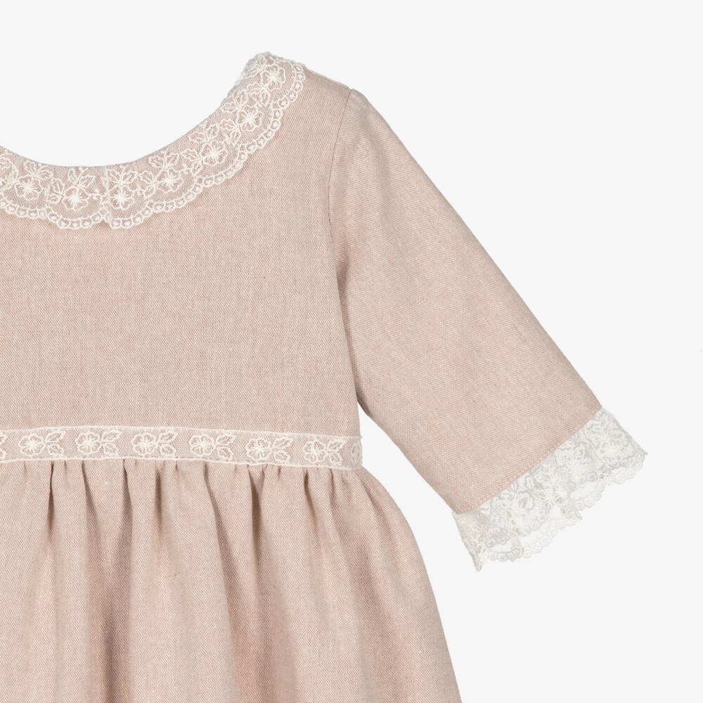 Mebi-Girls Pink Dress with Ivory Embroidered Lace Trim | Childrensalon