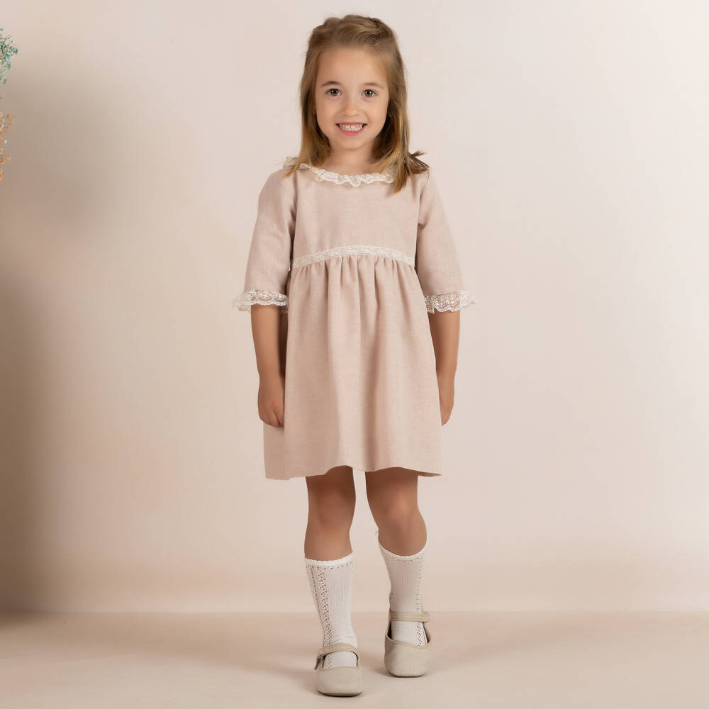 Mebi-Girls Pink Dress with Ivory Embroidered Lace Trim | Childrensalon