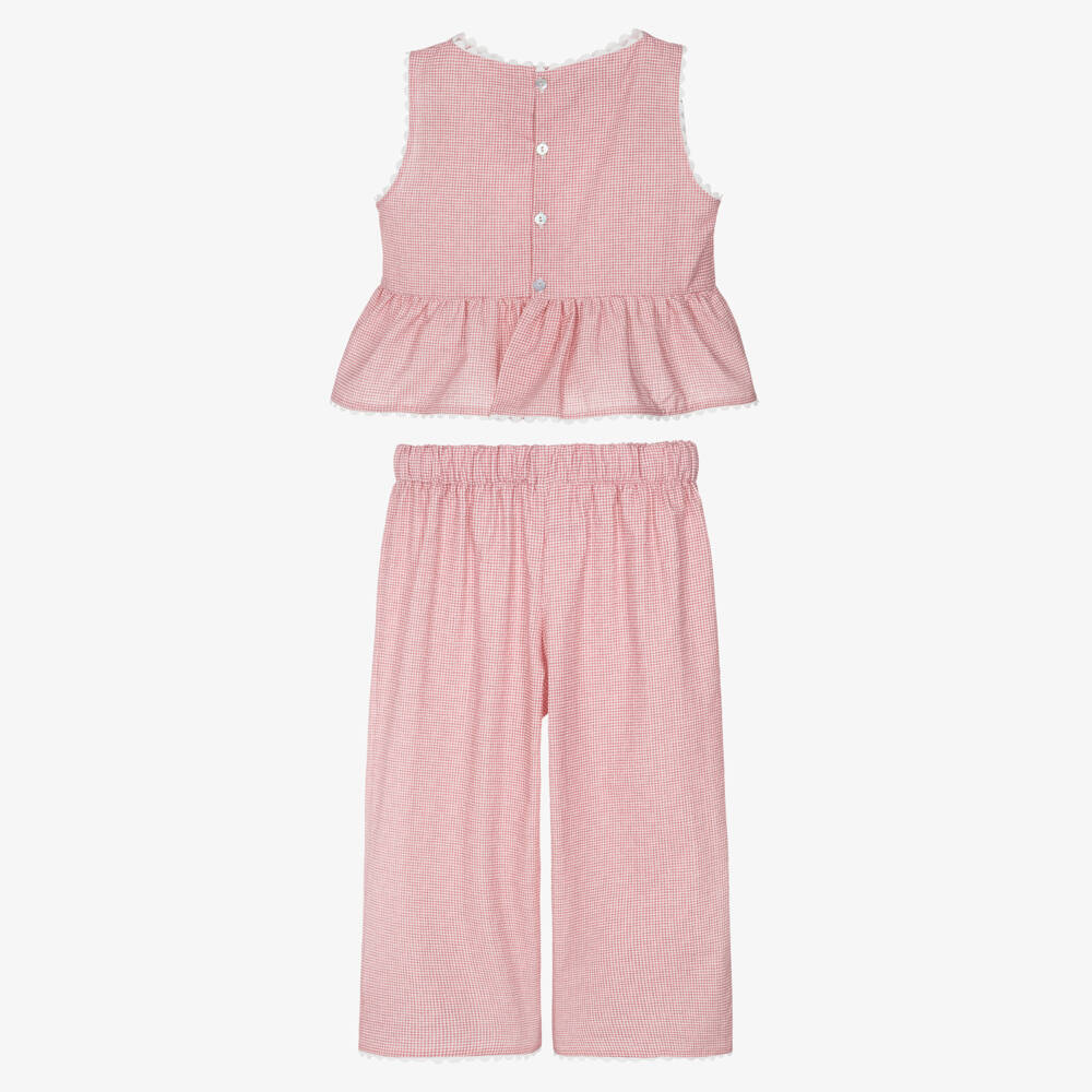 Mebi-Girls Pink Gingham Check Wide-Leg Trouser Set | Childrensalon