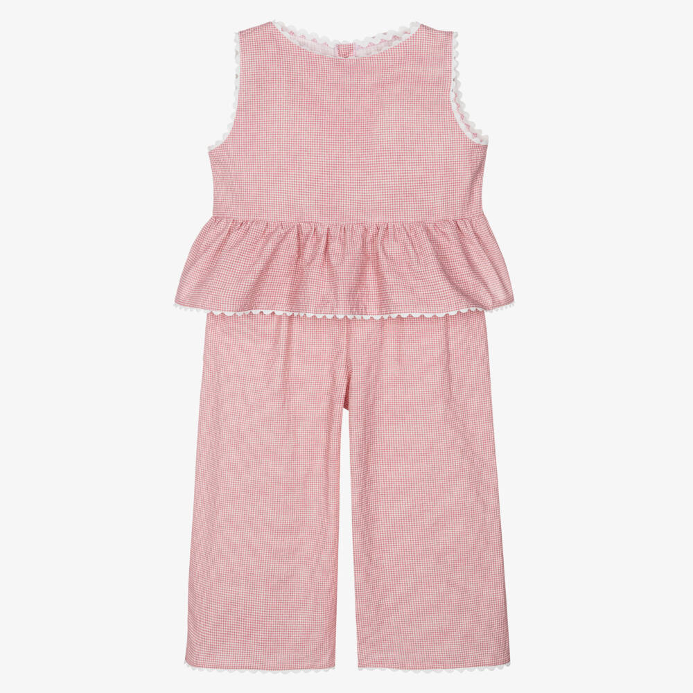 Mebi-Girls Pink Gingham Check Wide-Leg Trouser Set | Childrensalon