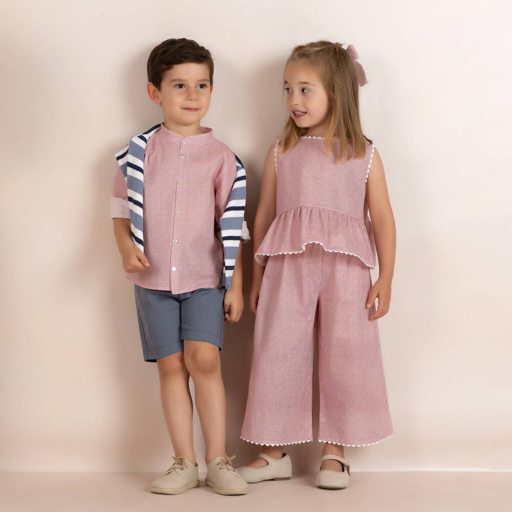 Mebi-Girls Pink Gingham Check Wide-Leg Trouser Set | Childrensalon