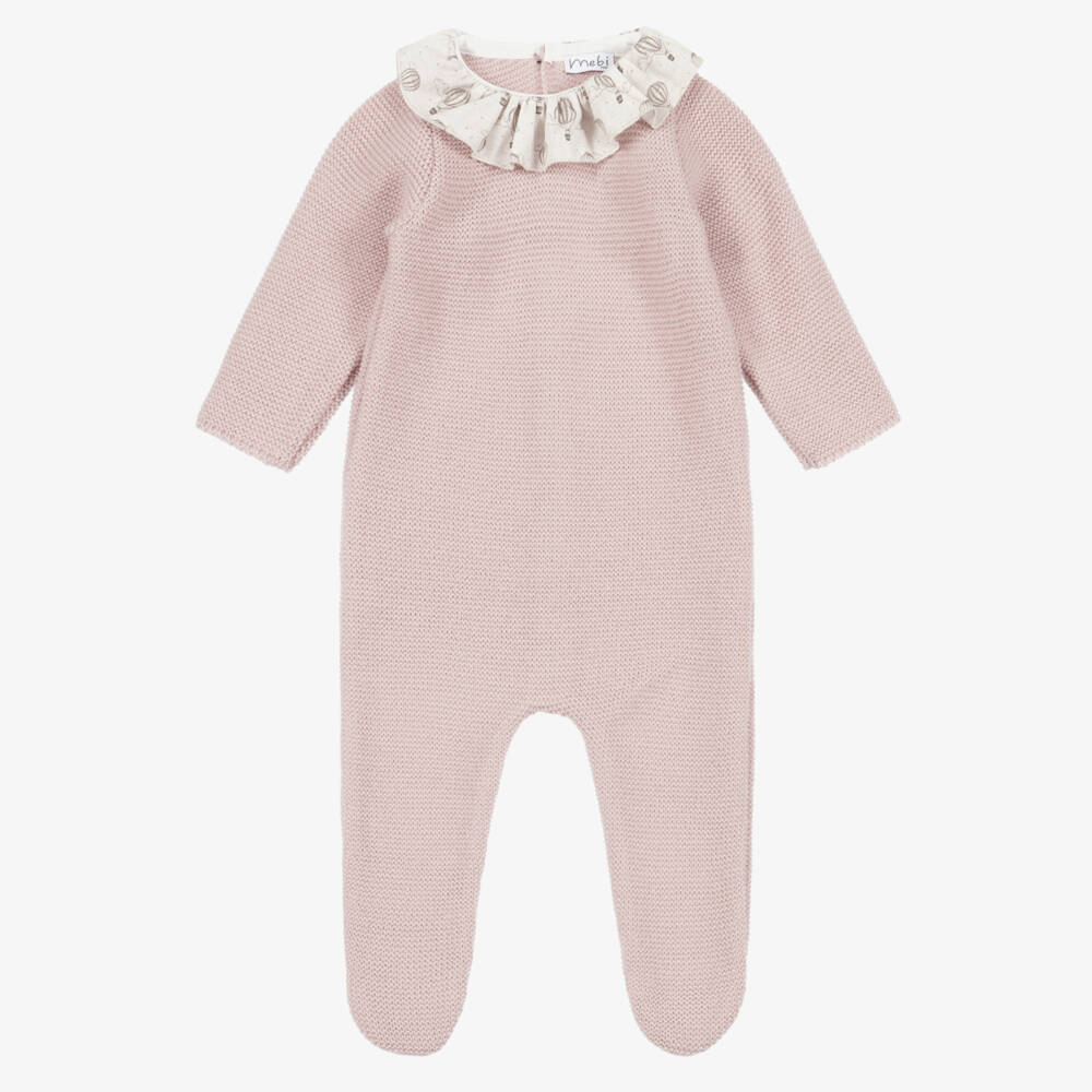 Mebi-Girls Pink Knitted Babygrow with Balloon Print Collar | Childrensalon