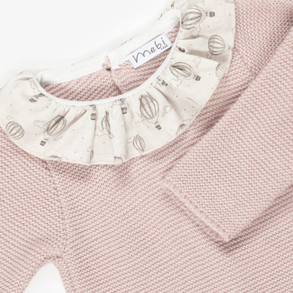 Mebi-Girls Pink Knitted Babygrow with Balloon Print Collar | Childrensalon