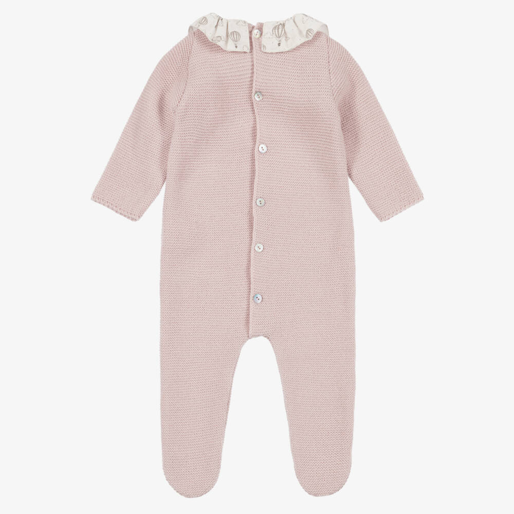 Mebi-Girls Pink Knitted Babygrow with Balloon Print Collar | Childrensalon