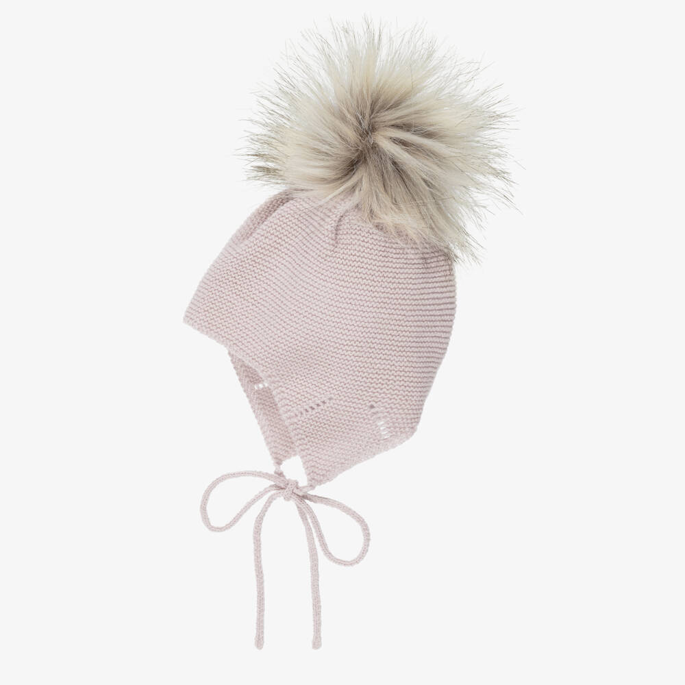Mebi-Girls Pink Knitted Hat With Faux Fur Pom-Pom | Childrensalon
