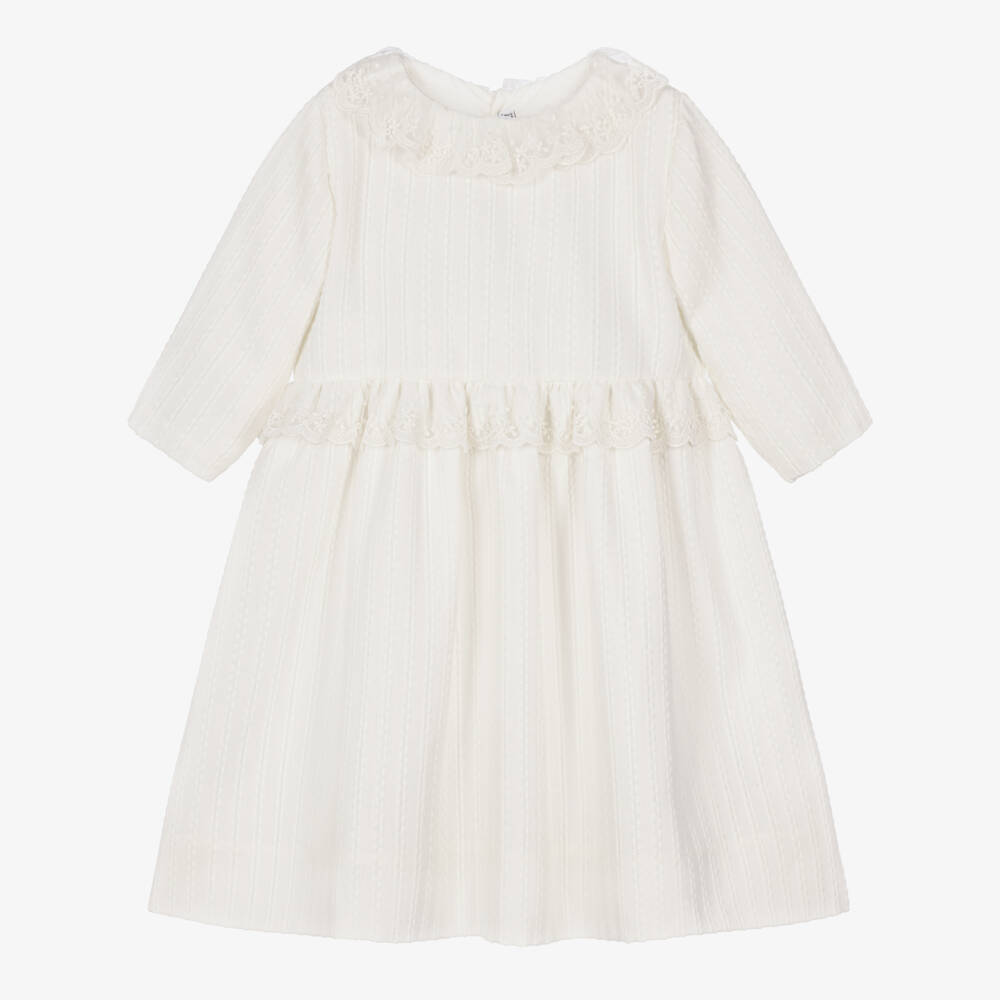 Mebi-Girls Striped Ivory Dress with Lace Trims | Childrensalon