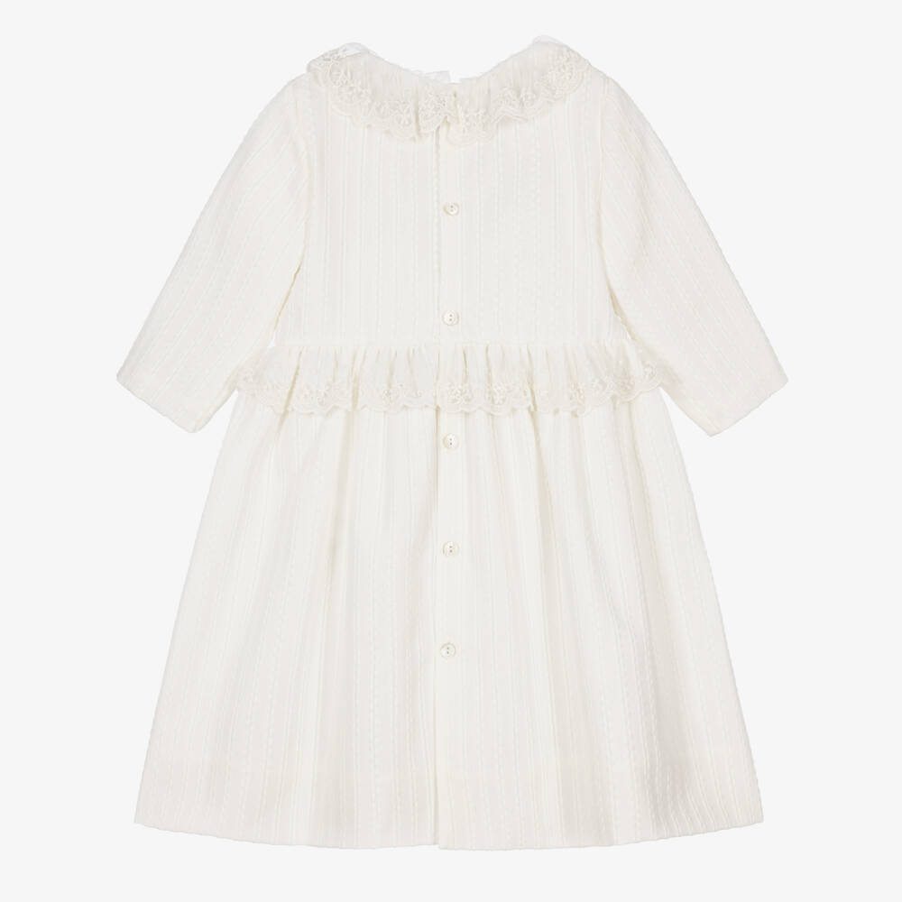 Mebi-Girls Striped Ivory Dress with Lace Trims | Childrensalon