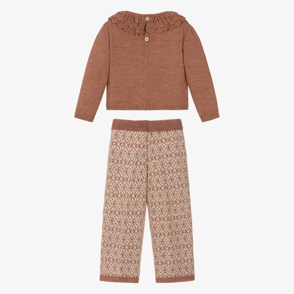 Mebi-Girls Terracotta & Beige Wool Knit Trouser Set | Childrensalon