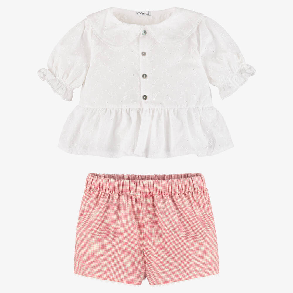 Mebi-Girls White Cotton Blouse & Pink Gingham Shorts Set | Childrensalon
