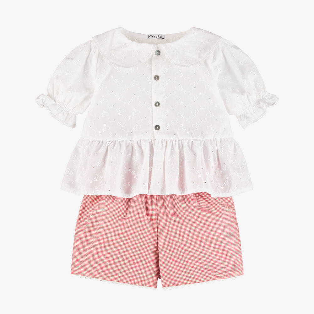 Mebi-Girls White Cotton Blouse & Pink Gingham Shorts Set | Childrensalon