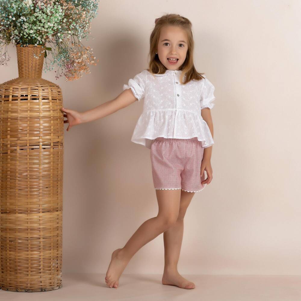Mebi-Girls White Cotton Blouse & Pink Gingham Shorts Set | Childrensalon