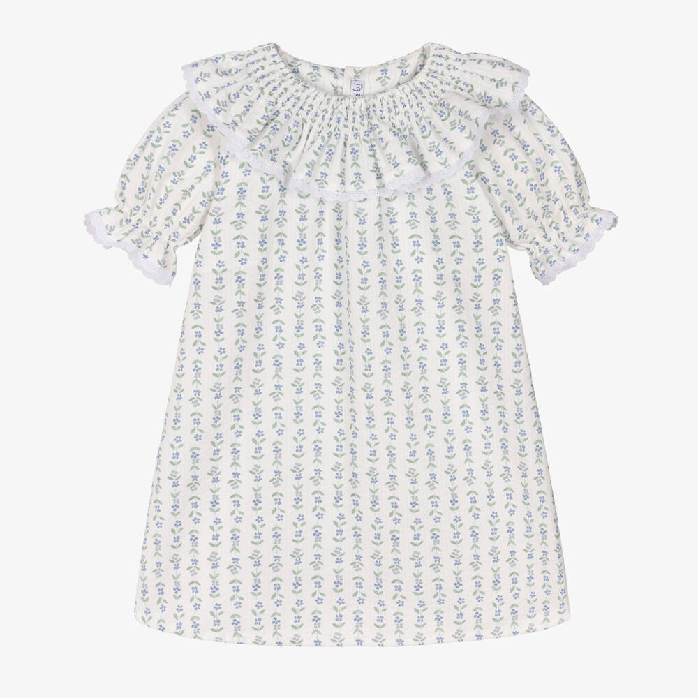 Mebi-Платье белое хлопковое с зелёно-синим цветочным принтом для девочек | Childrensalon