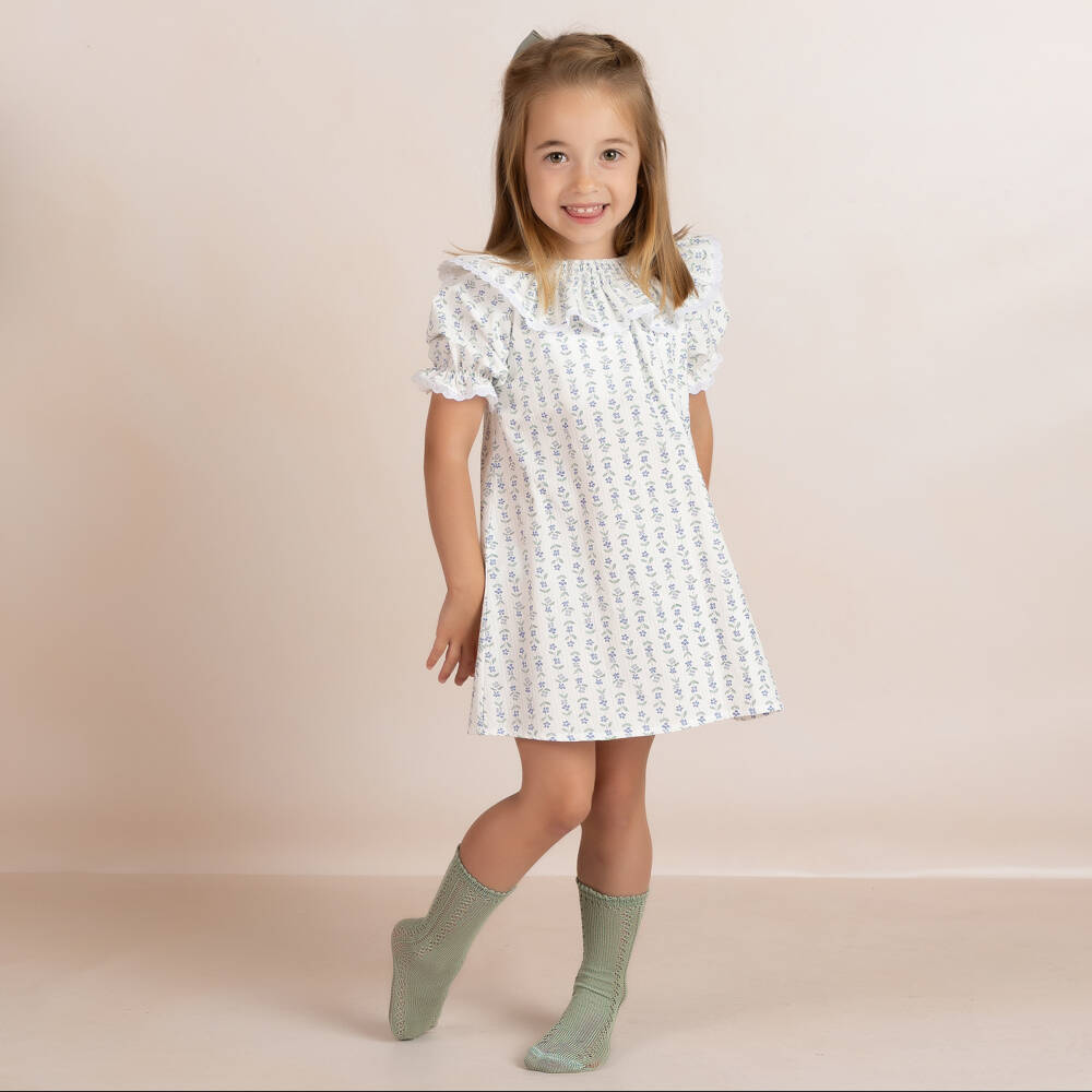 Mebi-Girls White Cotton Dress with Green & Blue Floral Print | Childrensalon