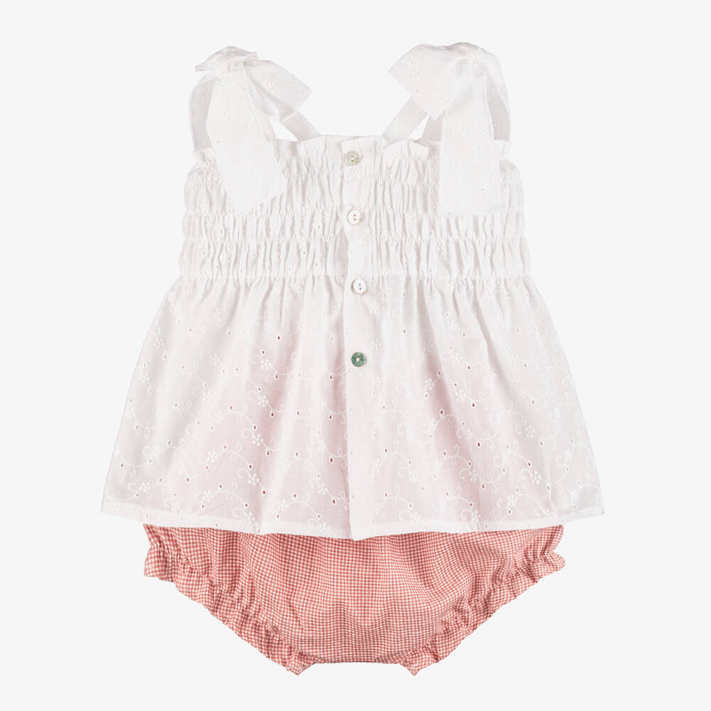 Mebi-Girls White Cotton Dress with Pink Gingham Bloomers | Childrensalon
