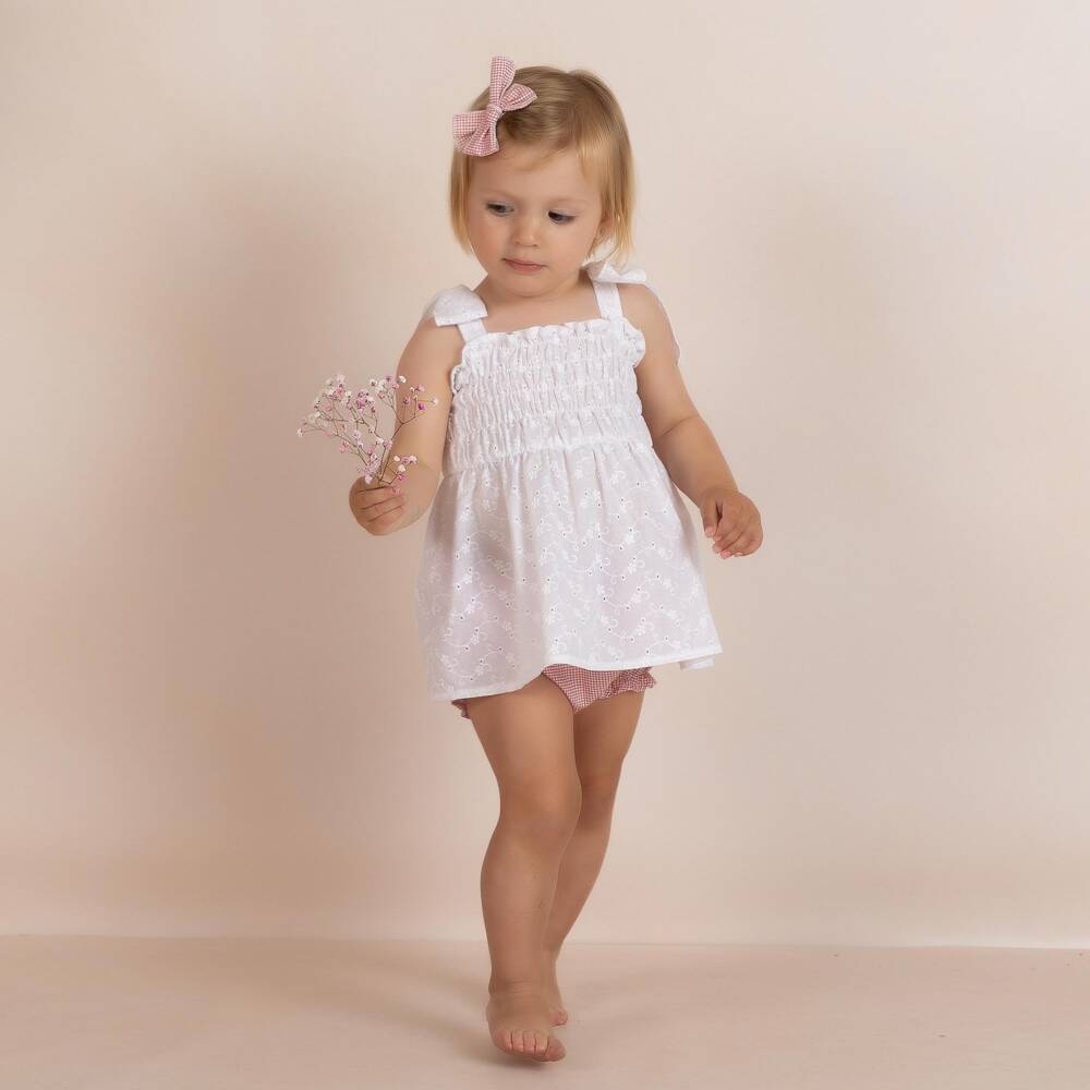 Mebi-Girls White Cotton Dress with Pink Gingham Bloomers | Childrensalon