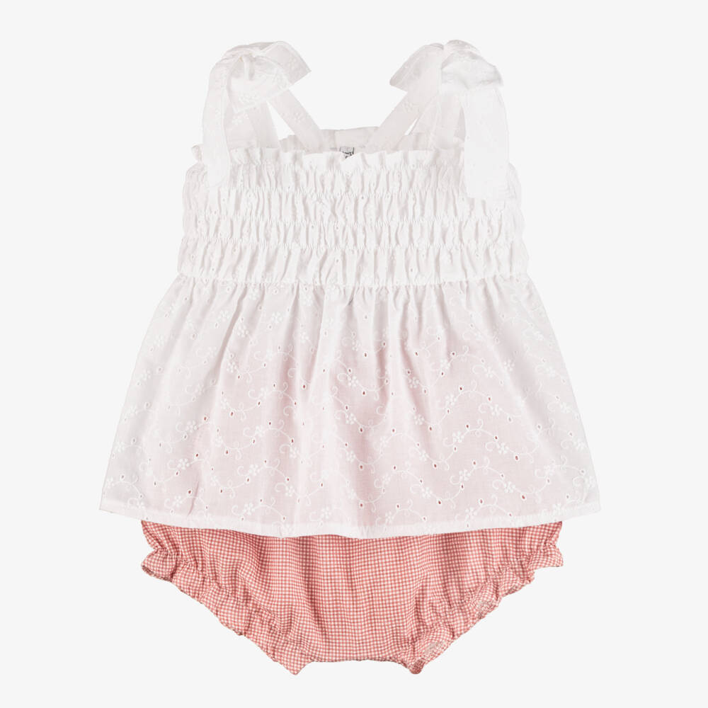 Mebi-Girls White Cotton Dress with Pink Gingham Bloomers | Childrensalon