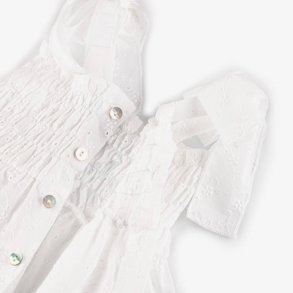 Mebi-Girls White Cotton Dress with Pink Gingham Bloomers | Childrensalon