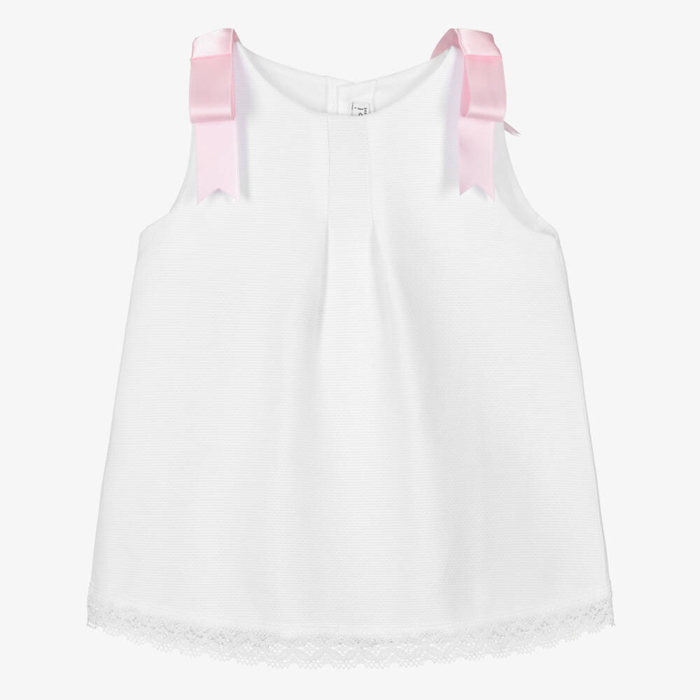 Mebi-Girls White Cotton Dress with Pink Satin Bows | Childrensalon