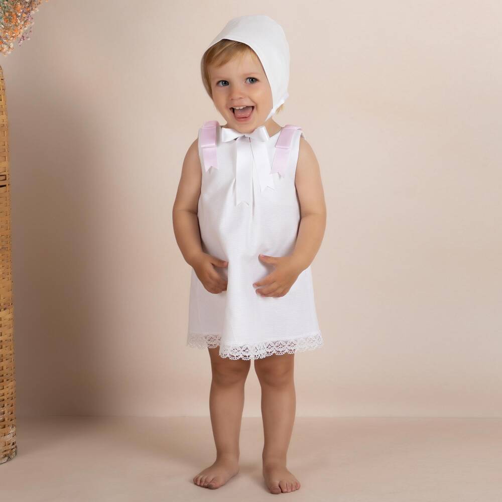 Mebi-Girls White Cotton Dress with Pink Satin Bows | Childrensalon
