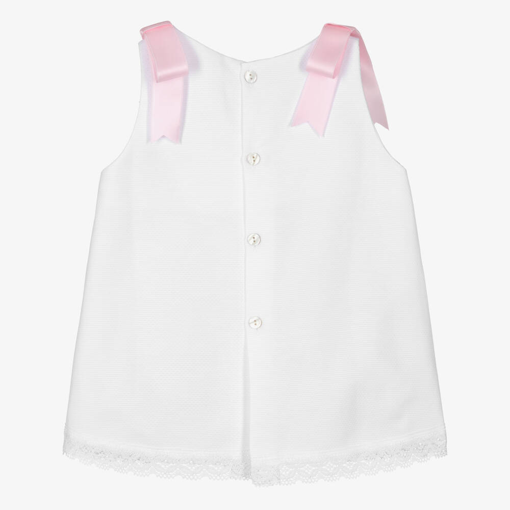 Mebi-Girls White Cotton Dress with Pink Satin Bows | Childrensalon