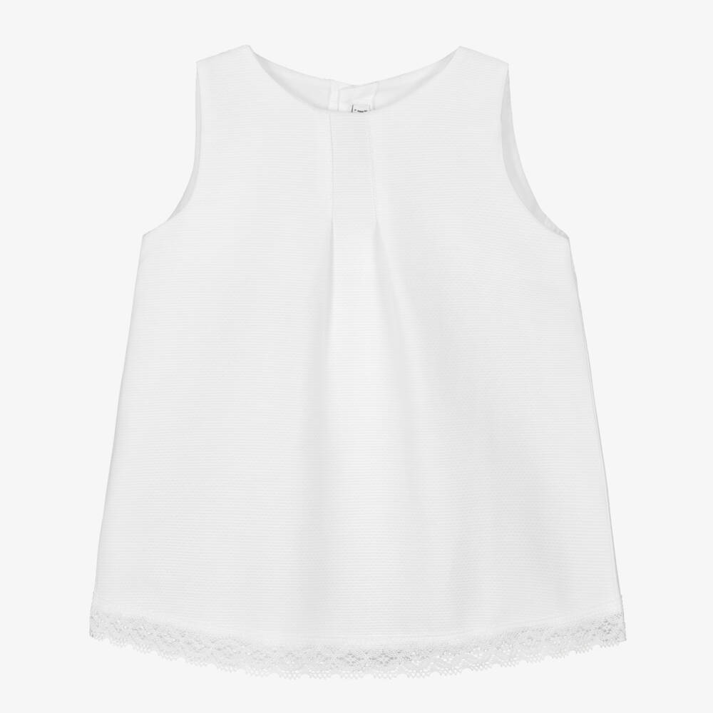 Mebi-Girls White Cotton Dress with Pink Satin Bows | Childrensalon