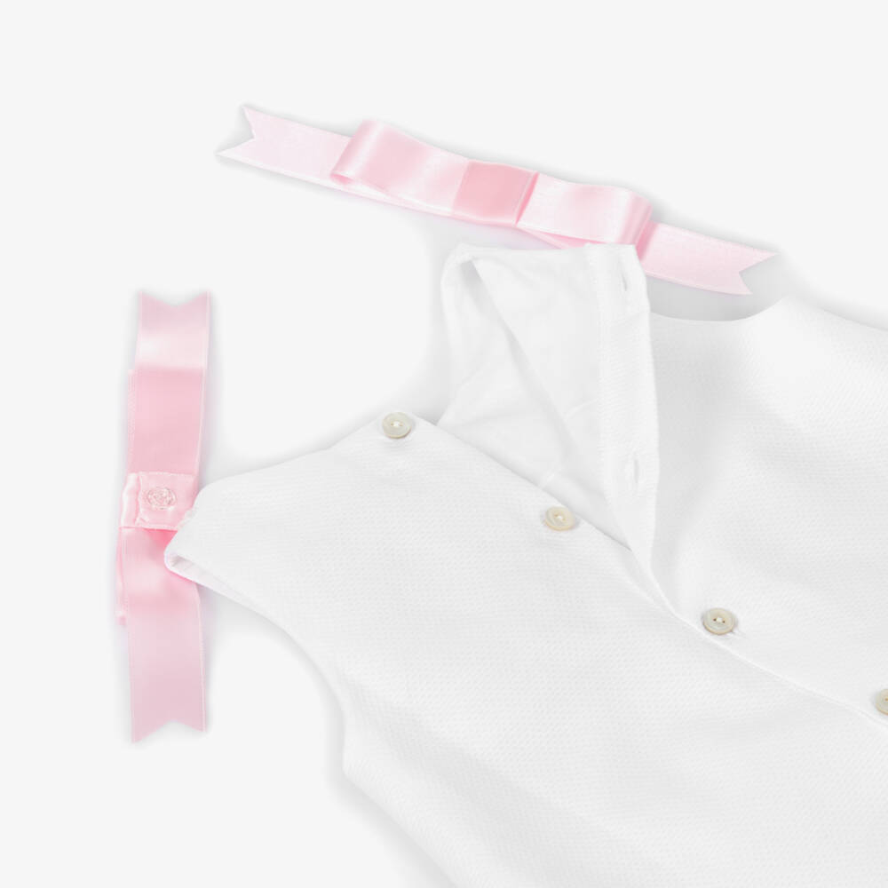 Mebi-Girls White Cotton Dress with Pink Satin Bows | Childrensalon