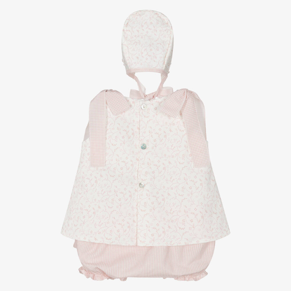 Mebi-Girls White Floral & Pink Gingham Cotton Shorts Set | Childrensalon