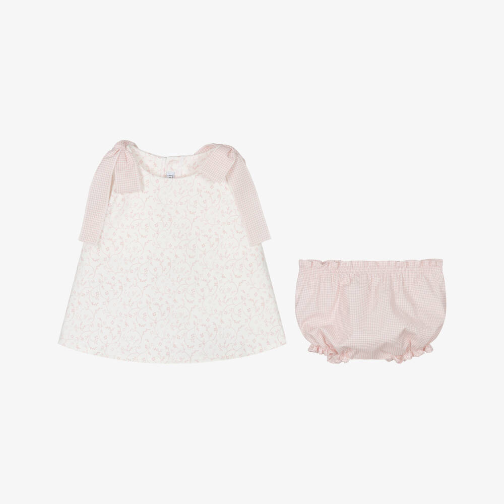 Mebi-Girls White Floral & Pink Gingham Cotton Shorts Set | Childrensalon