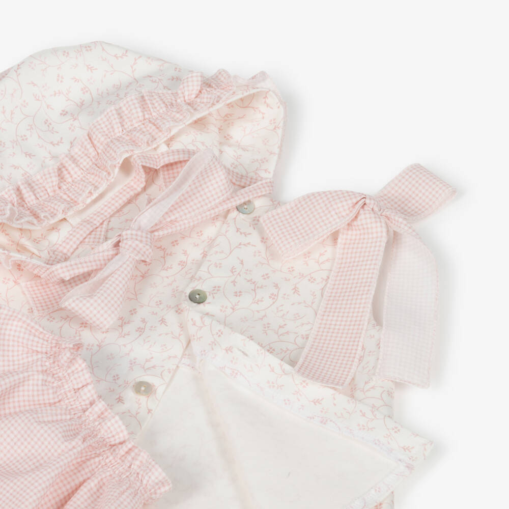 Mebi-Girls White Floral & Pink Gingham Cotton Shorts Set | Childrensalon