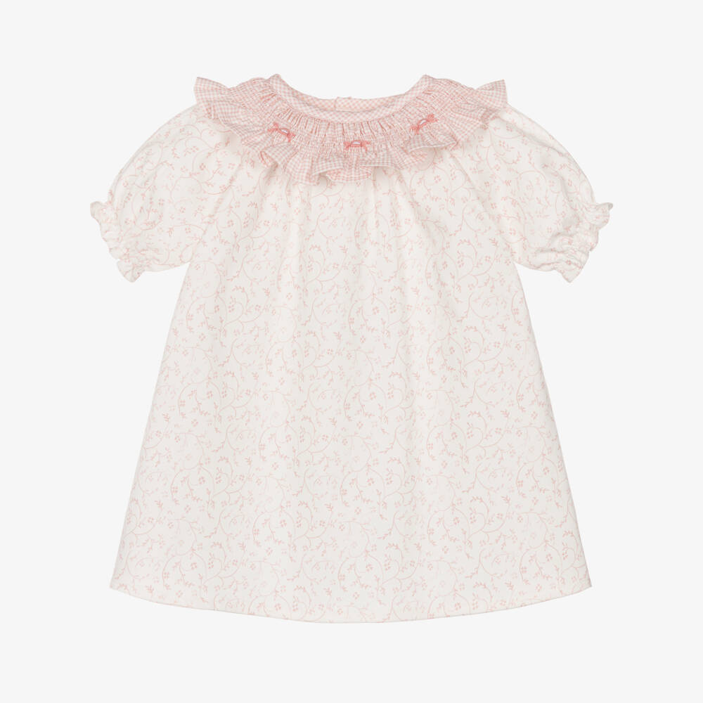 Mebi-Платье бело-розовое в цветочек из хлопка для девочек | Childrensalon