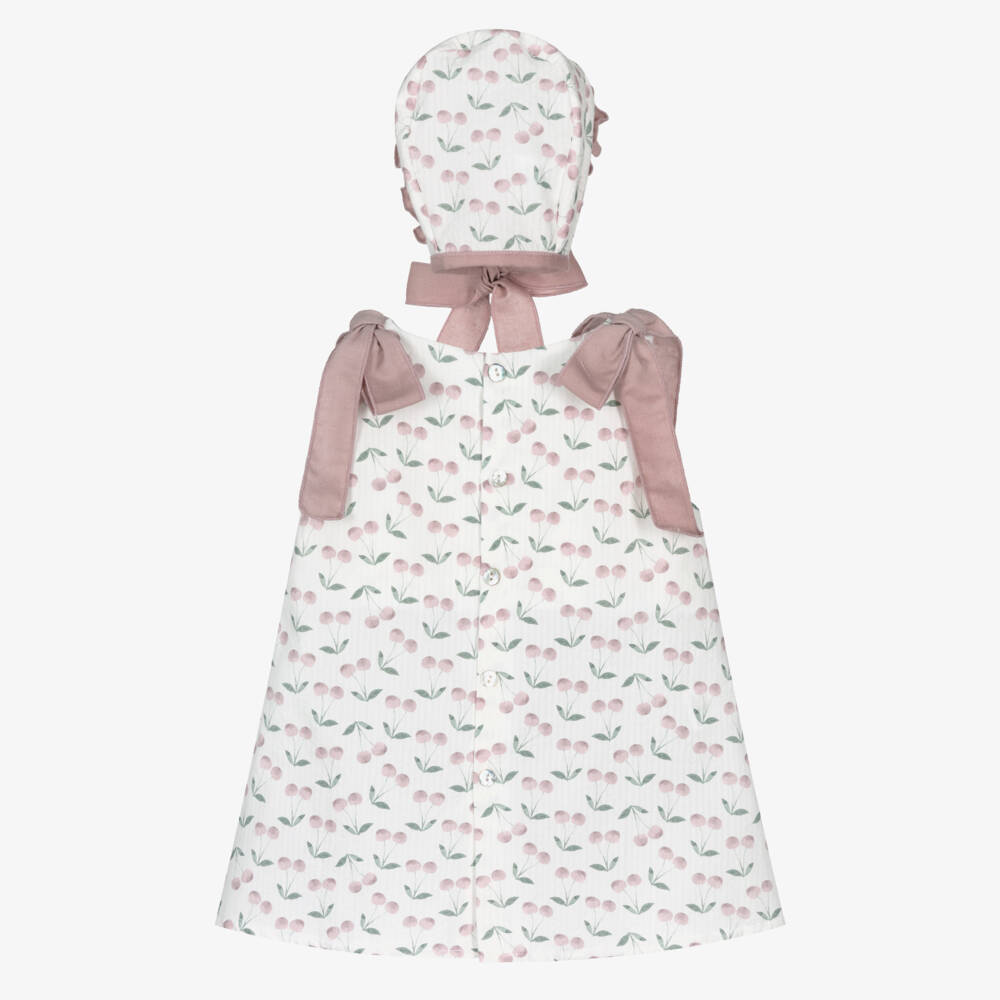 Mebi-Girls White & Pink Seersucker Dress Set with Cherry Print  | Childrensalon