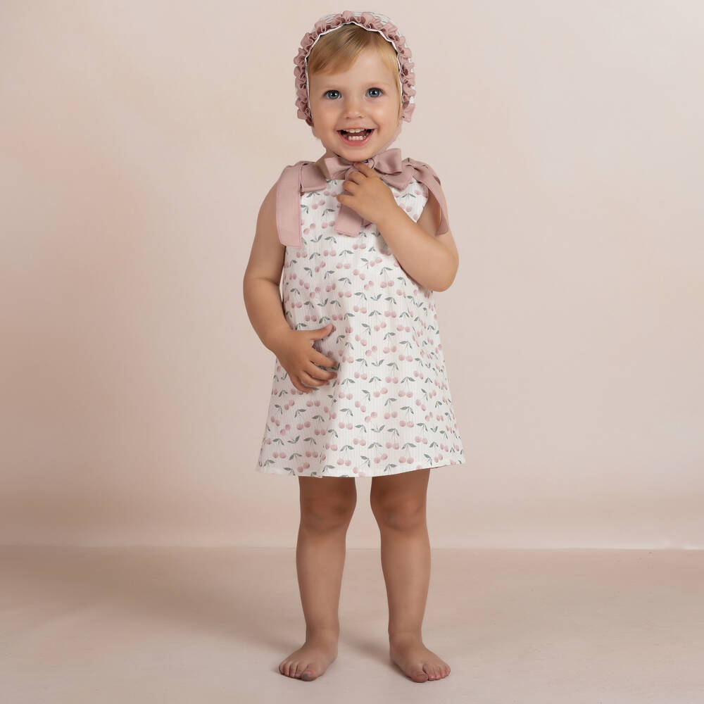 Mebi-Girls White & Pink Seersucker Dress Set with Cherry Print | Childrensalon