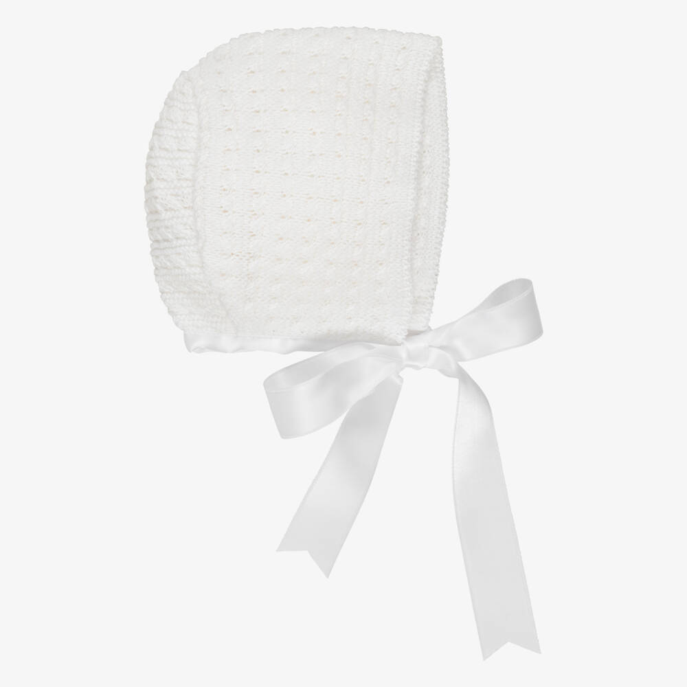 Mebi-Ivory Cotton Knit Baby Bonnet with Ribbon Ties | Childrensalon