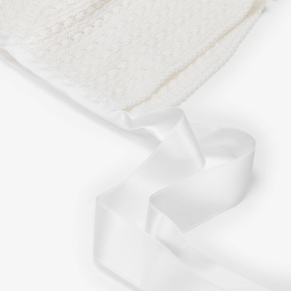 Mebi-Ivory Cotton Knit Baby Bonnet with Ribbon Ties | Childrensalon