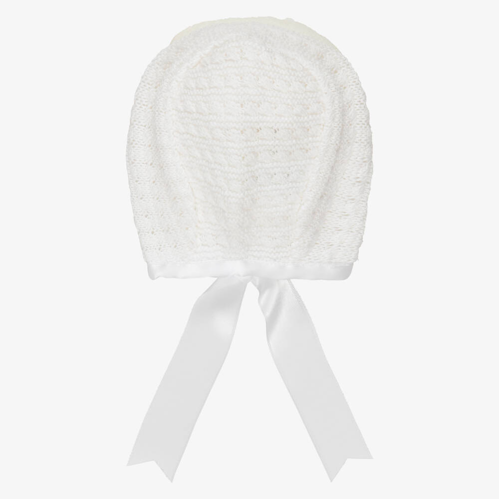 Mebi-Ivory Cotton Knit Baby Bonnet with Ribbon Ties | Childrensalon