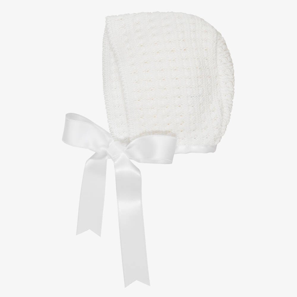 Mebi-Ivory Cotton Knit Baby Bonnet with Ribbon Ties | Childrensalon