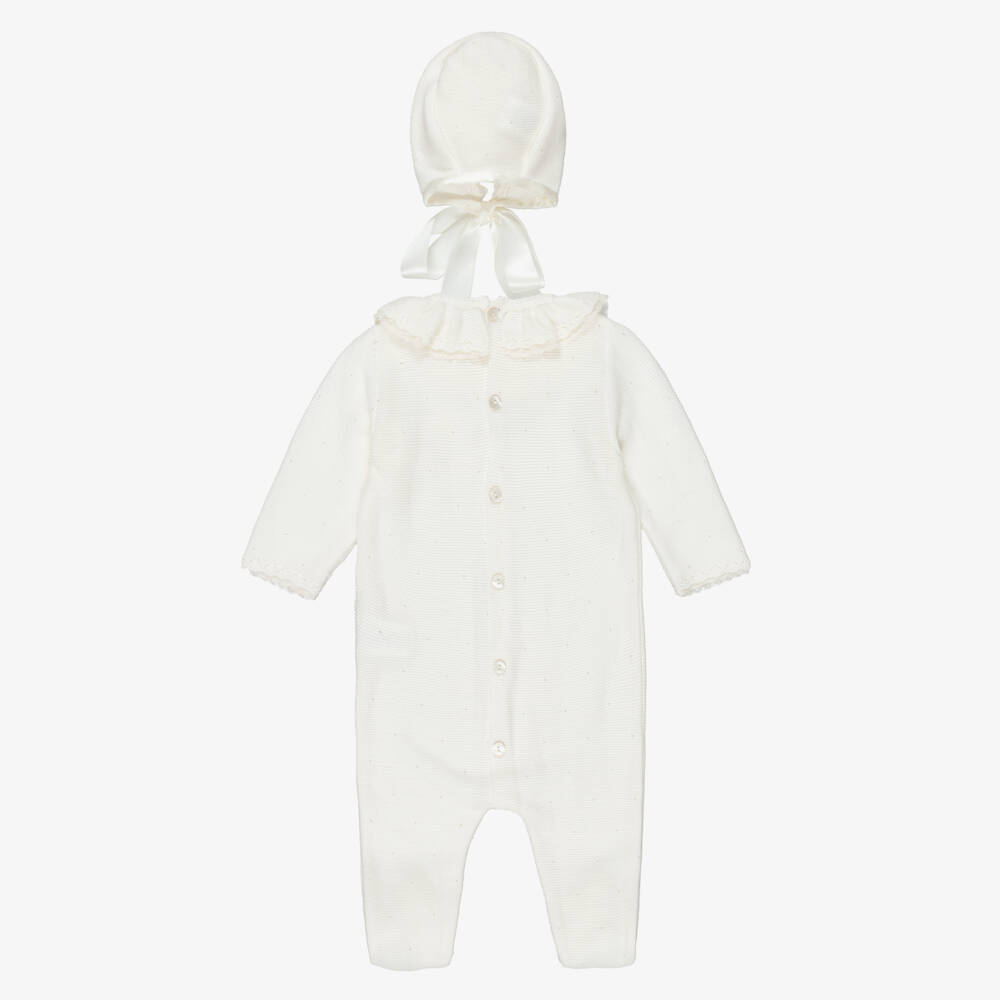 Mebi-Ivory Knitted Cotton Babygrow & Bonnet Set | Childrensalon