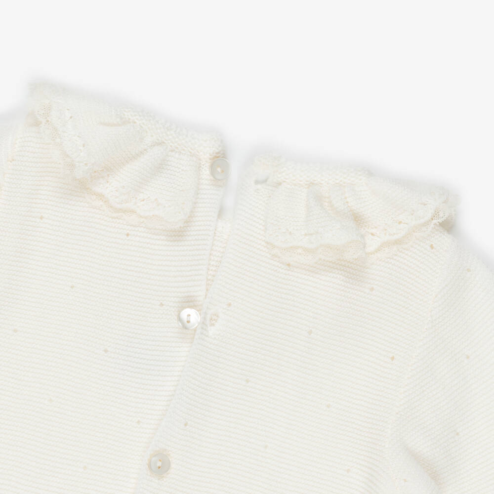 Mebi-Ivory Knitted Cotton Babygrow & Bonnet Set | Childrensalon
