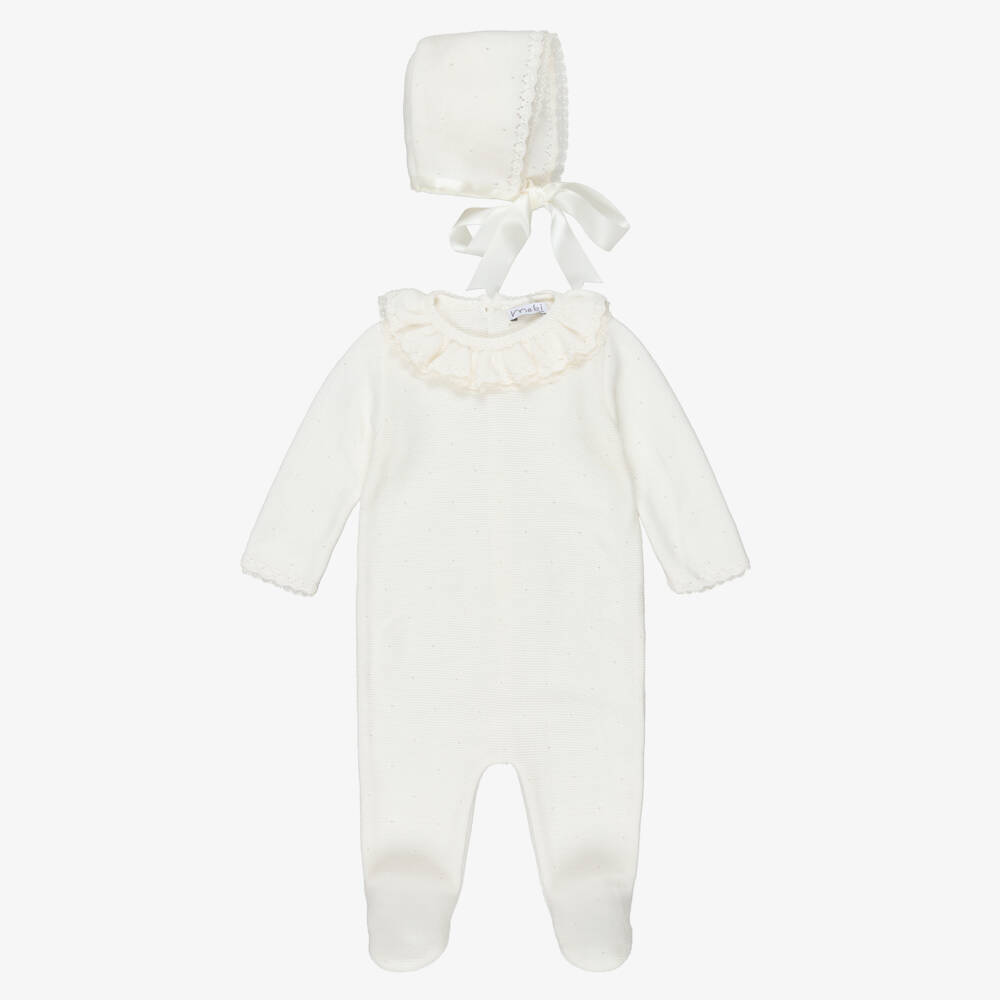 Mebi-Ivory Knitted Cotton Babygrow & Bonnet Set | Childrensalon