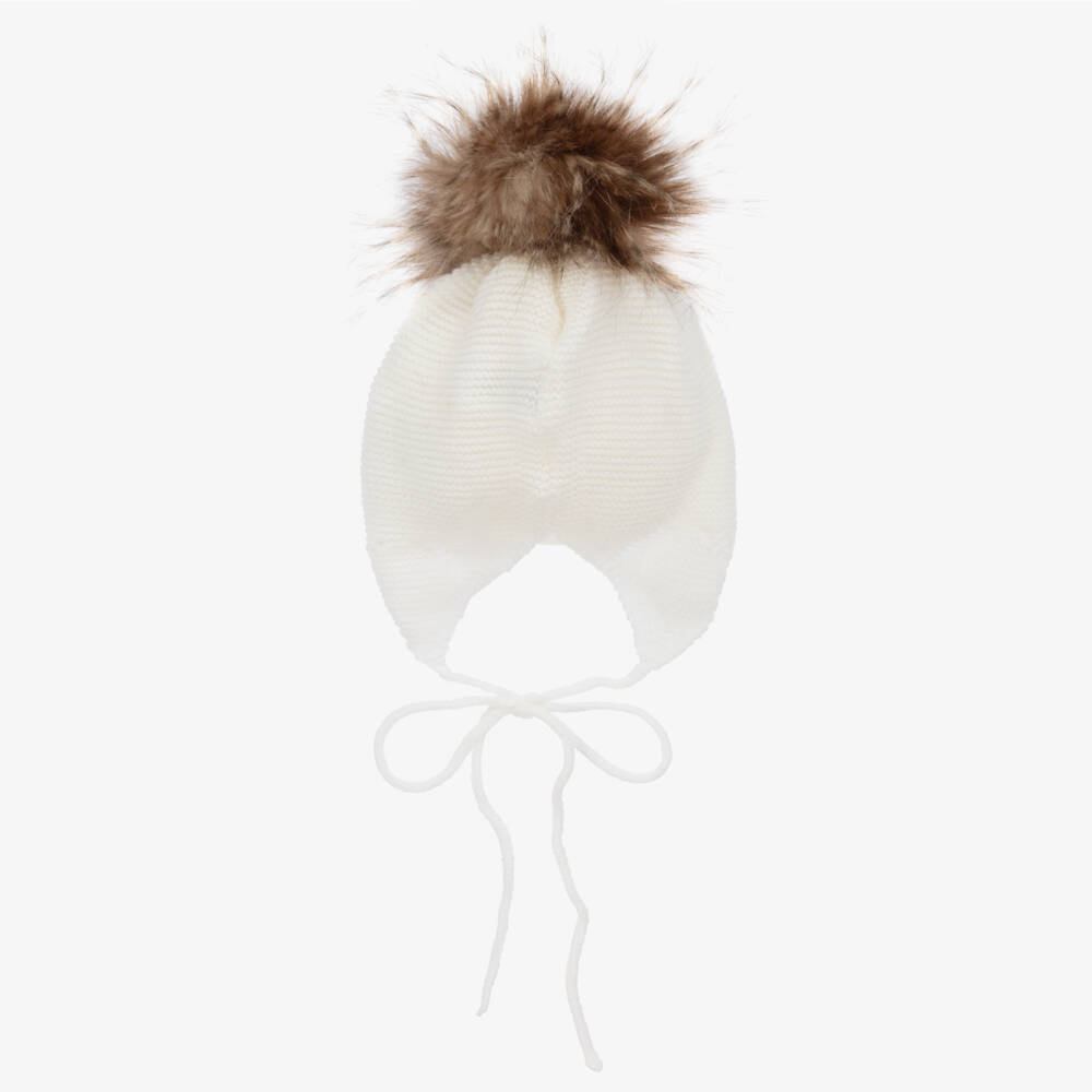 Mebi-Ivory Knitted Hat With Faux Fur Pom-Pom | Childrensalon