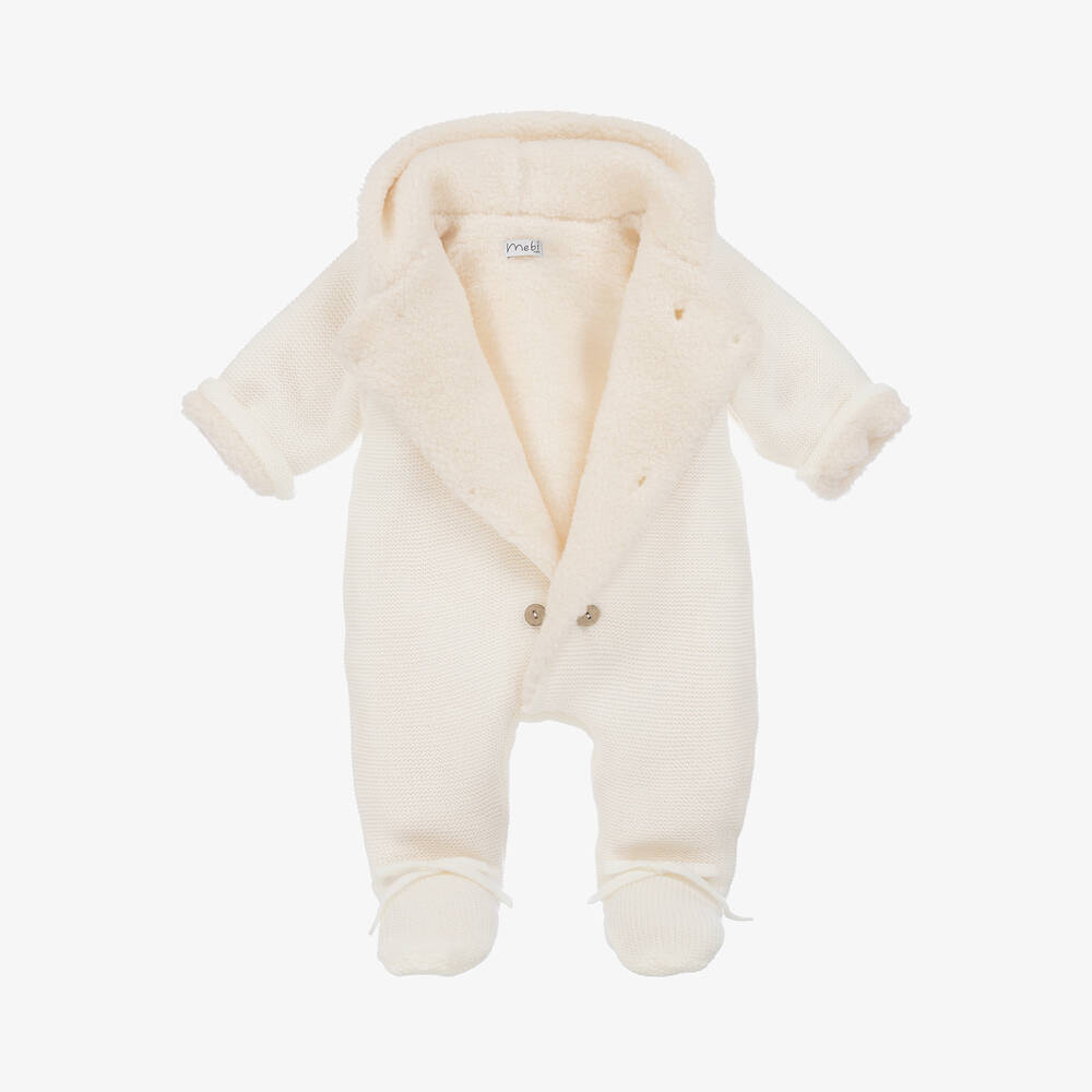 Mebi-Ivory Knitted Sherpa Pramsuit | Childrensalon