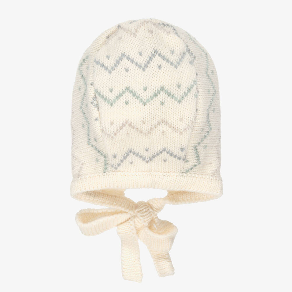 Mebi-Ivory Zigzag Pattern Knitted Baby Bonnet | Childrensalon